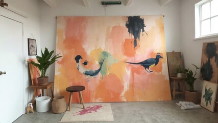 Colorful mural of birds enhances artistic studio space with vibrant atmosphere and natural elements