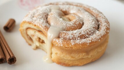 Warm cinnamon roll with cream icing and powdered sugar on a plate beside cinnamon sticks