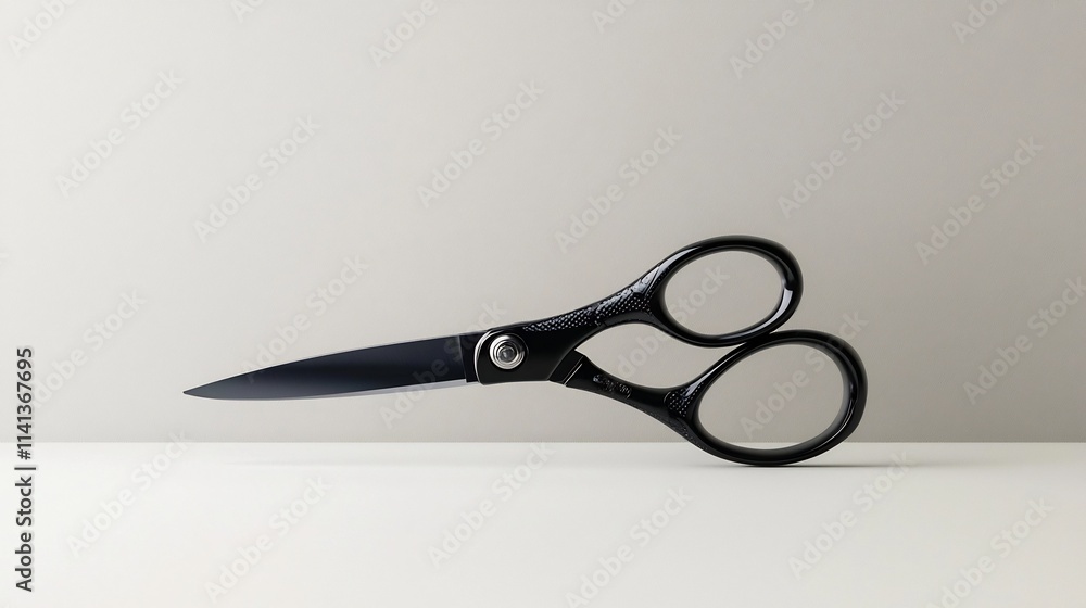 Poster a pair of floating scissors with black handles and shiny metallic blades isolated on a clean white s