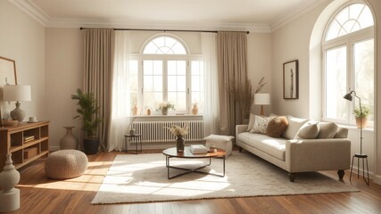 Cozy living room with large windows and warm sunlight in elegant home decor