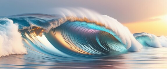 A close-up photograph of a wave at sunset, taken from underwater, showing the wave crest in vibrant blue and green hues, with the sun's golden light reflecting off the water's surface. The wave is cur
