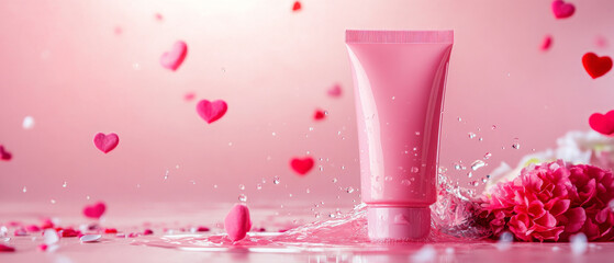 sleek and clean shoot of face wash tube surrounded by hearts and flowers