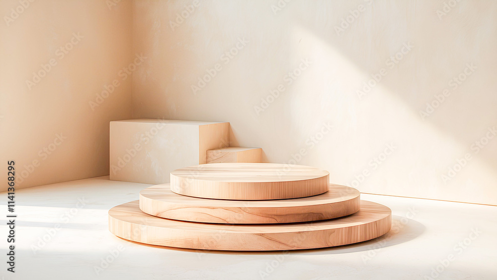 Aufkleber ai generate minimalist wooden display podiums for product placement illuminated by soft light.