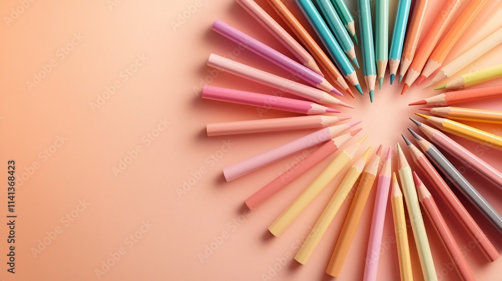 Poster A set of floating color pencils arranged in a fan like shape with soft and natural shadows creating a visually appealing and minimalist composition