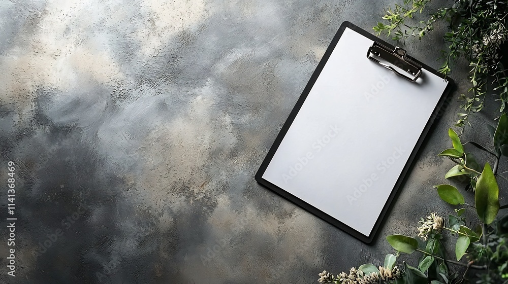 Poster floating black clipboard with a blank white paper clipped casting subtle shadows on a clean neutral 