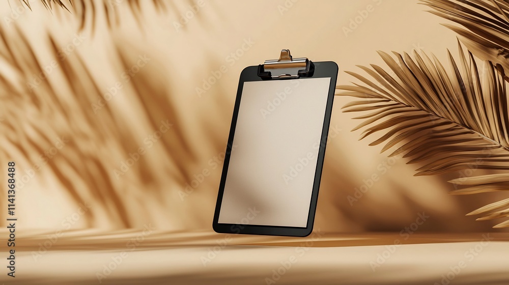 Poster floating black clipboard with a blank paper clipped casting subtle shadows on a neutral background t