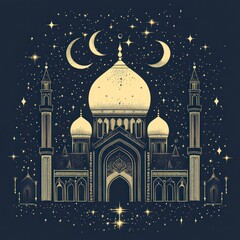 Elegant gold mosque illustration under starry night sky.