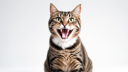 AI Generated portrait of a yawning tabby cat with mouth wide open isolated.