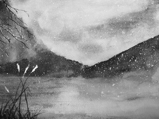 ink wash painting winter snowfall season. lake landscape grass with mountains. Traditional oriental sumi-e asia art style.