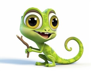 Fototapeta premium Cute Cartoon Chameleon Holding Stick with Big Eyes and Smile