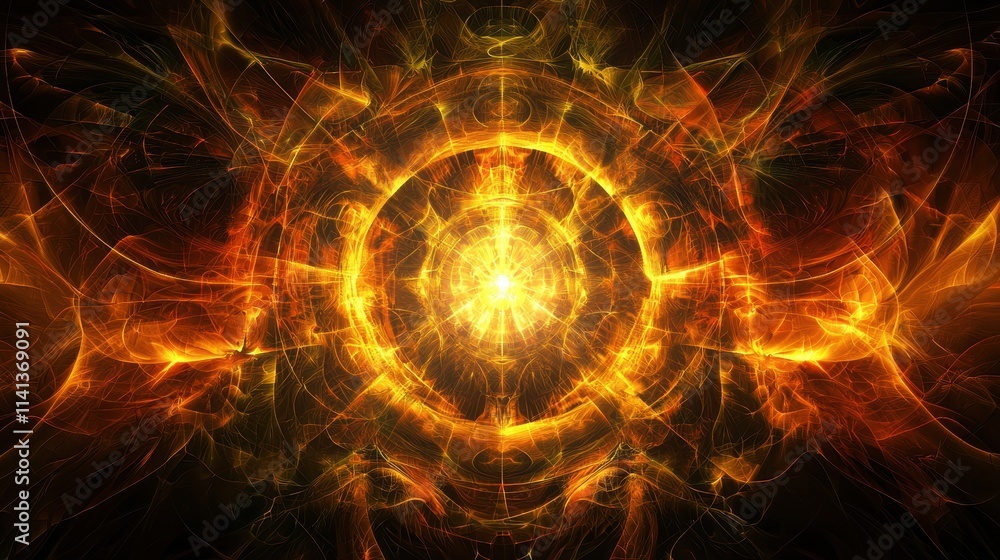 Poster a vibrant, swirling pattern of fiery colors radiating from a central point, creating a dynamic and m