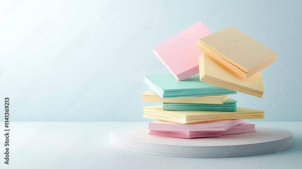 Poster a floating set of pastel colored sticky notes neatly stacked against a clean white surface creating 