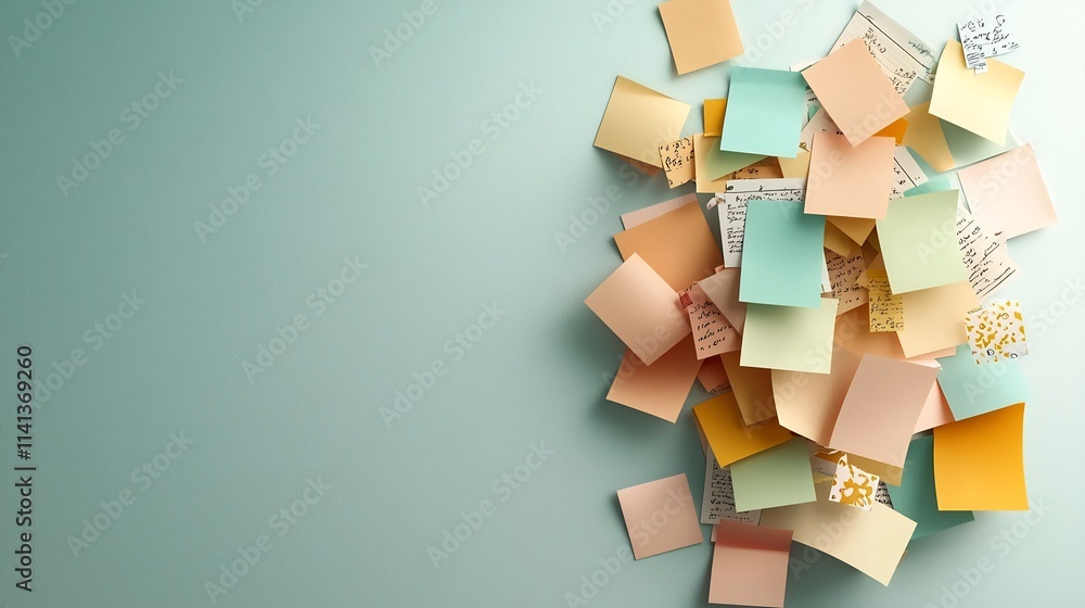 Poster artfully arranged pastel colored sticky notes floating and stacked against a clean white background 