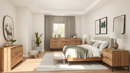 Modern bedroom design with wooden furniture and natural decor elements in a bright and airy space