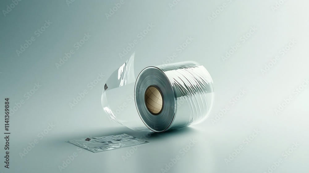 Poster tranquil floating transparent tape roll gently suspended against pristine white background with soft