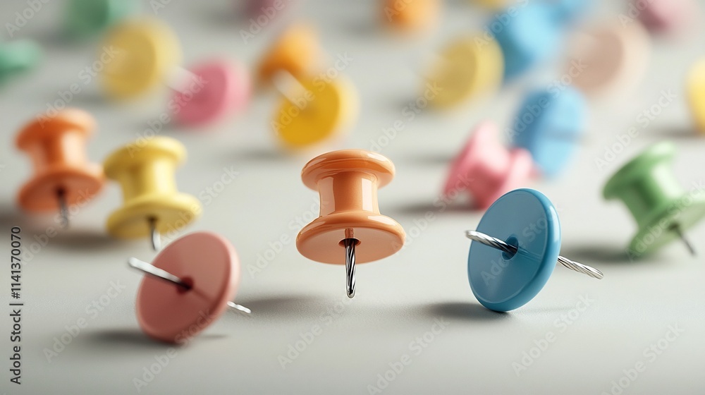Poster a floating set of colorful push pins softly shadowed against a gray beige gradient background the ab