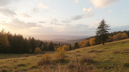 Colorful landscape at sunset with rolling hills and trees in the distance