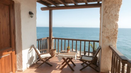 Fototapeta premium Relaxing coastal balcony with stunning ocean views at sunset