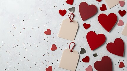 Colorful heart shapes and blank tags scattered on a textured surface, perfect for expressing love or crafting messages.