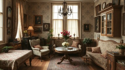 Fototapeta premium Vintage living room with elegant furniture and framed portraits in a classic interior design