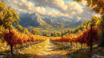 Fototapeta premium Autumnal vineyard path, mountains, idyllic scenery.