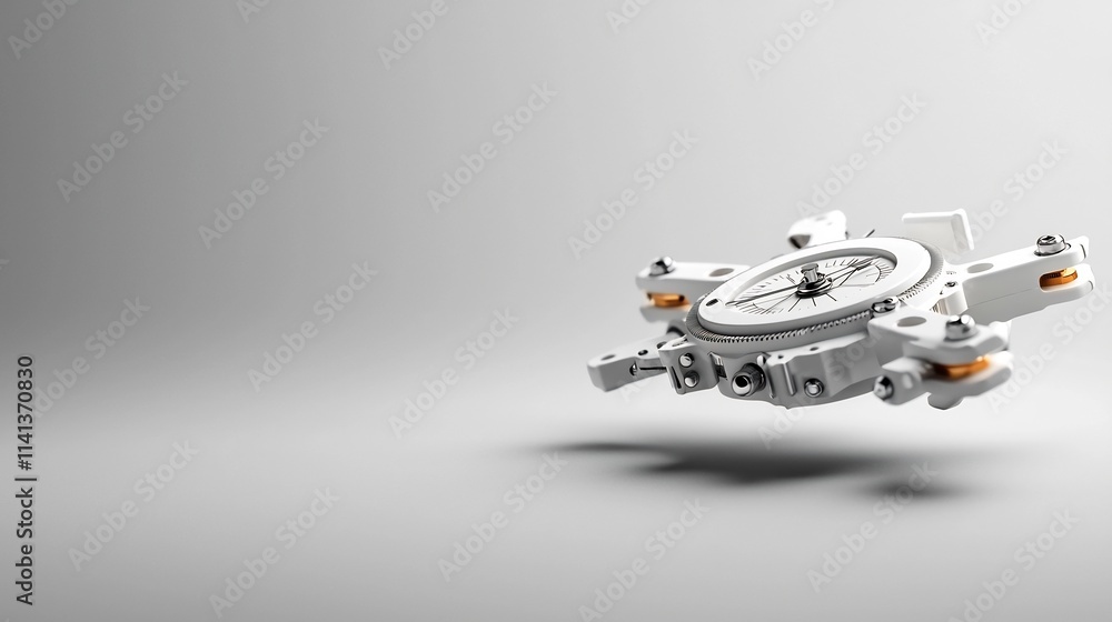 Poster a minimalist and sleek floating metal compass gently suspended on a white and gray gradient backgrou