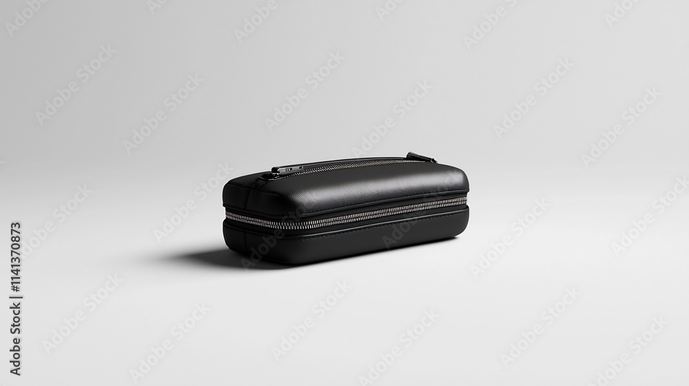 Poster floating pen case with zippers minimal design and clean lines on a pristine white background