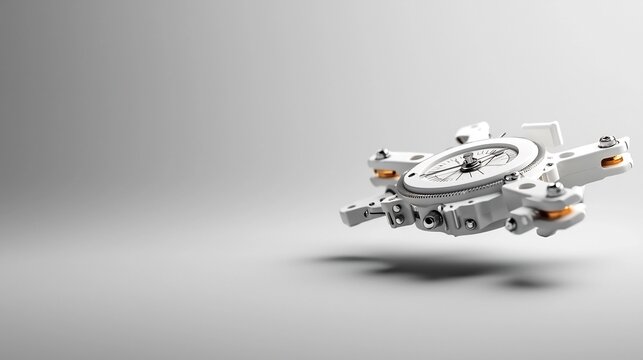 A minimalist and sleek floating metal compass gently suspended on a white and gray gradient background symbolizing the conceptual and abstract nature of mathematics and its tools