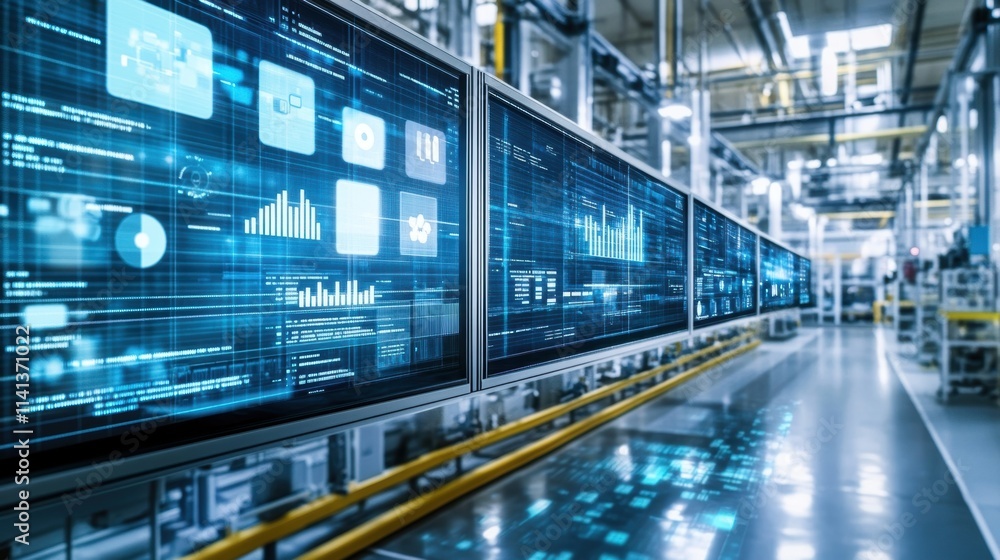 Poster a detailed view of a data analysis room within the factory filled with large screens showing dynamic
