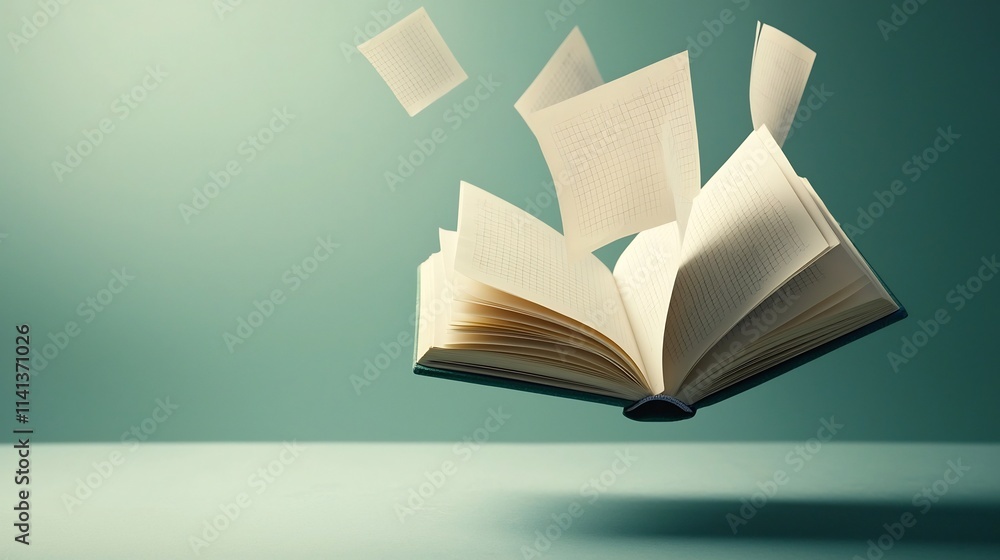 Poster a floating graph notebook with grid pages softly shadowed against a neutral background representing 