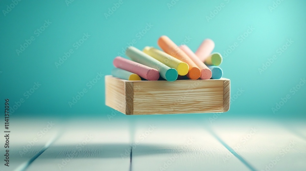 Aufkleber floating chalk box with neatly arranged vibrant chalk sticks against a clean minimalist background c
