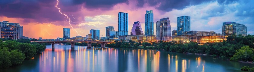 Fototapeta premium A vibrant city skyline at sunset with dramatic clouds and lightning, reflecting on a calm river.