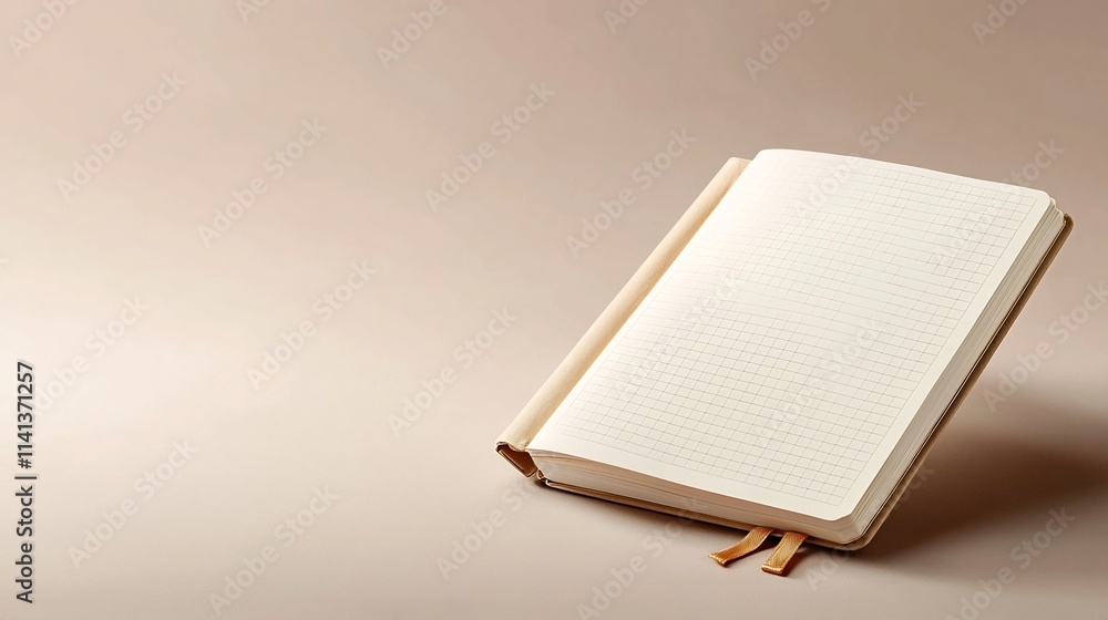 Poster minimalist and modern floating graph notebook with grid pages softly shadowed against a neutral back