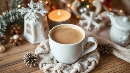 Warm coffee mug placed on a cozy wooden table adorned with festive decorations during winter season