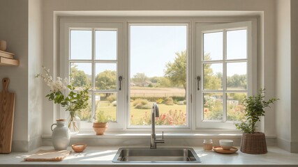 Beautiful kitchen view with sunny garden and fresh flowers by the window during a clear day