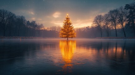 Fototapeta premium A glowing Christmas tree stands in a serene, icy landscape at sunset.