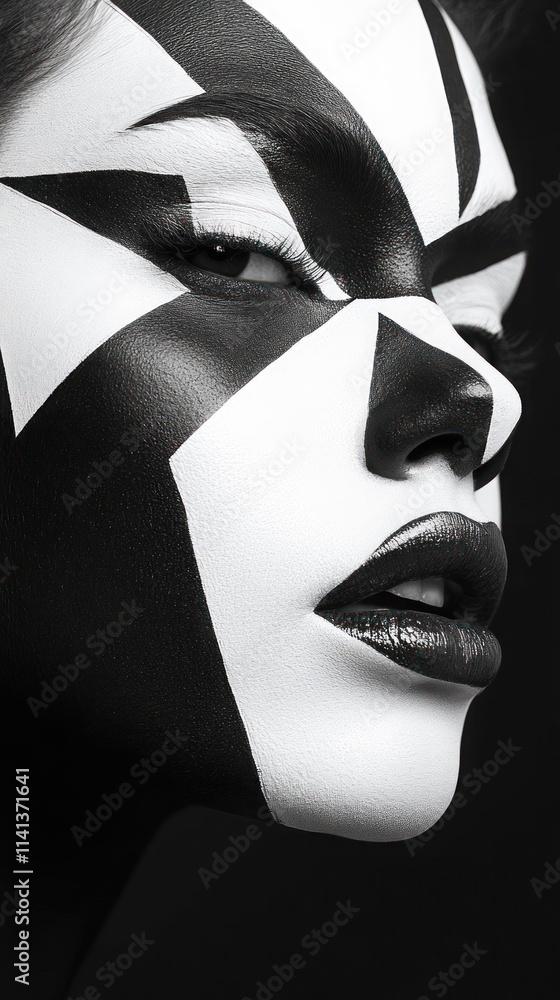 Poster a striking black and white face paint design emphasizing geometric patterns and artistic expression.