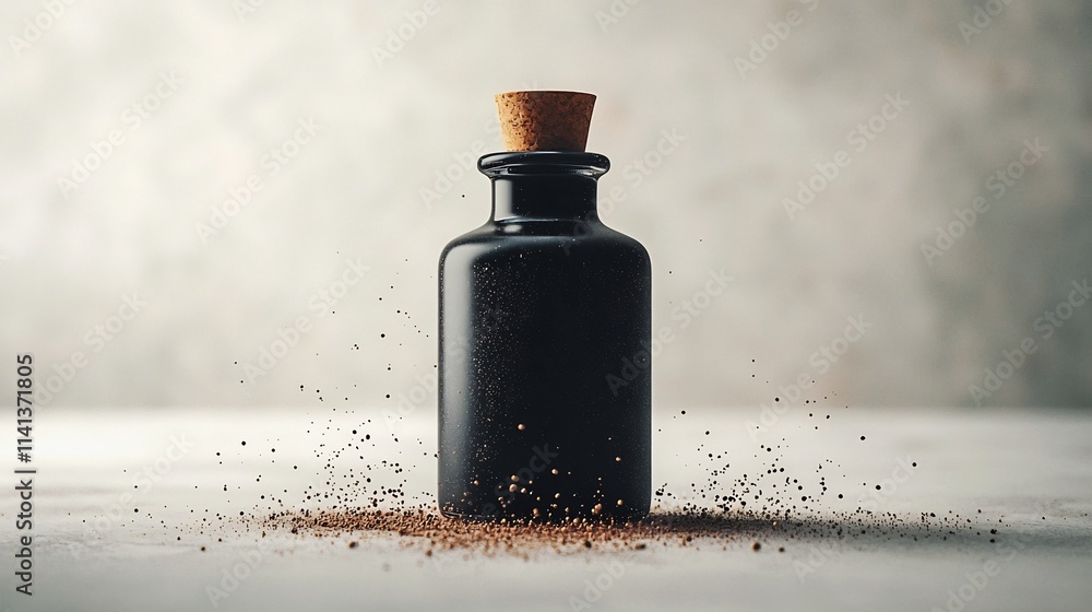 Poster elegant floating ink bottle casting subtle reflections against a clean white background creating a s