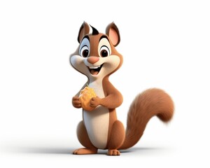 Cheerful cartoon squirrel holding a snack in a vibrant setting