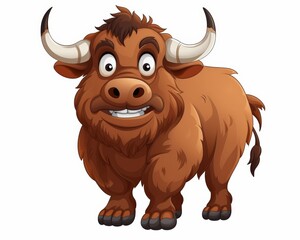 Cartoon style happy highland cow with big eyes and smiling expression