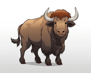 Cartoon Illustration of a Standing Brown Bull with Curvy Horns