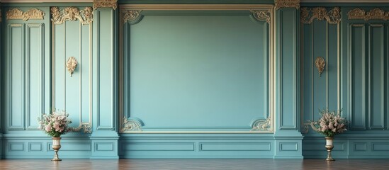 Elegant teal wainscoting wall with ornate moldings, vases, and flowers in a classic interior setting.