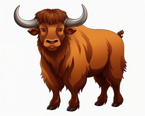 Cartoon Style Brown Highland Cow with Curly Fur and Horns