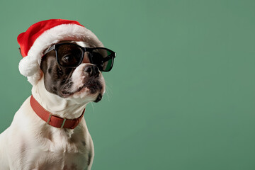 christmas santa claus boston terrier dog as a holiday season surprise out of a gift or present box with red hat