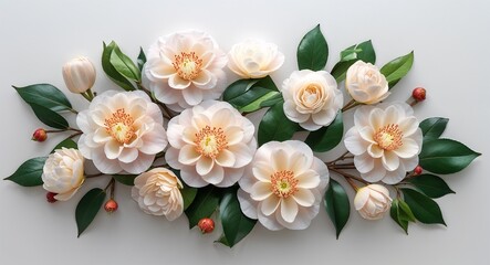 Camellia flower arrangement design on plain white background