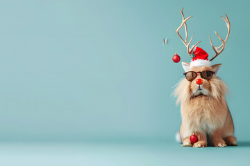 Cute rabbit in Santa hat on light blue background with space for text. Banner for New Year 2025