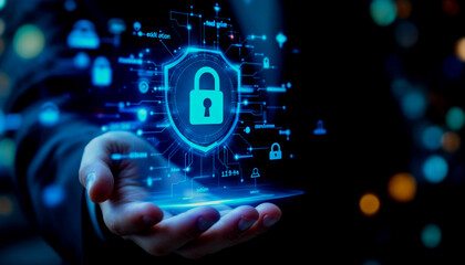 hand in a suit holding a holographic display showing a digital security interface with various icons representing security, network, and technology concepts