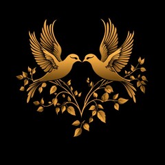 Two golden birds facing each other among leaves, symbolizing love or harmony.