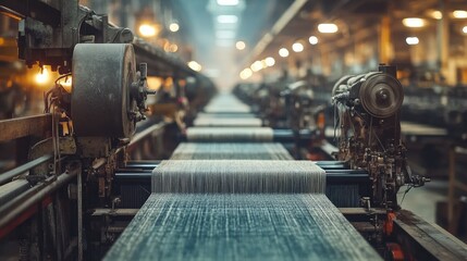 Industrial textile factory loom weaving fabric.