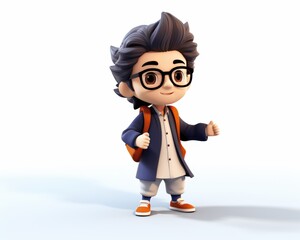Cute Cartoon Character with Glasses and Backpack, 3D Render